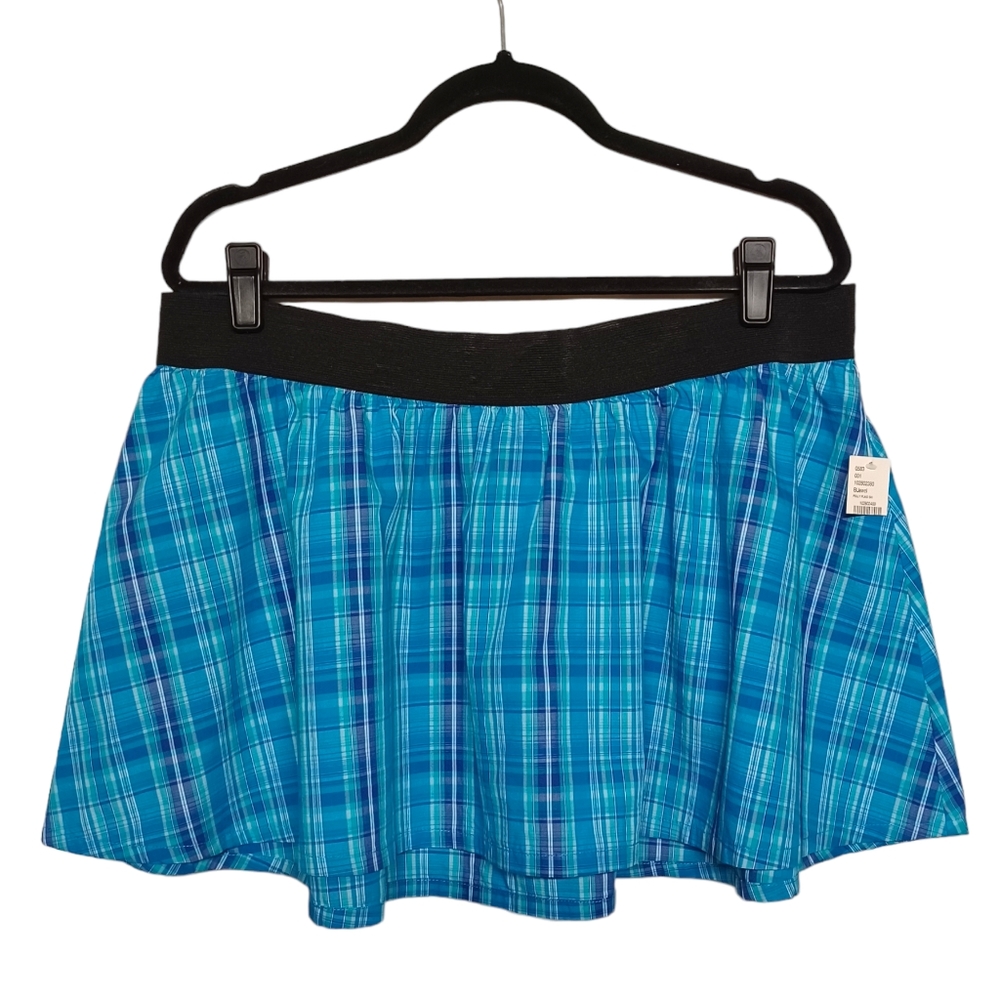 ANCHOR BLUE Skirt XLarge Blue Plaid Print Black Elastic Waist Pull On Mini Skirt